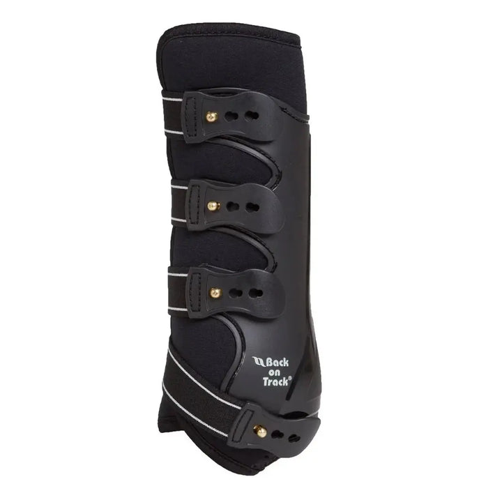 Single black Royal Dressage Front Boot by Back On Track with adjustable straps and ergonomic design for horse leg protection.