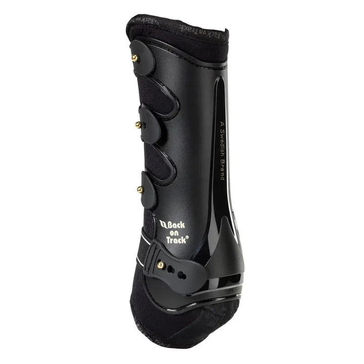 Black Royal Dressage Front Boot by Back On Track with sleek finish and reinforced straps for equestrian leg support.