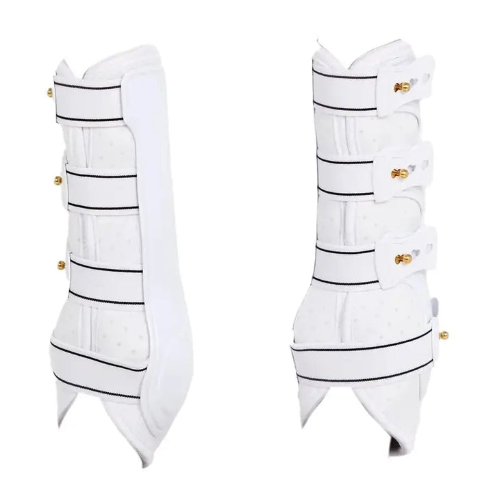 White Royal Dressage Front Boots by Back On Track with sturdy straps and therapeutic design for equestrian use.