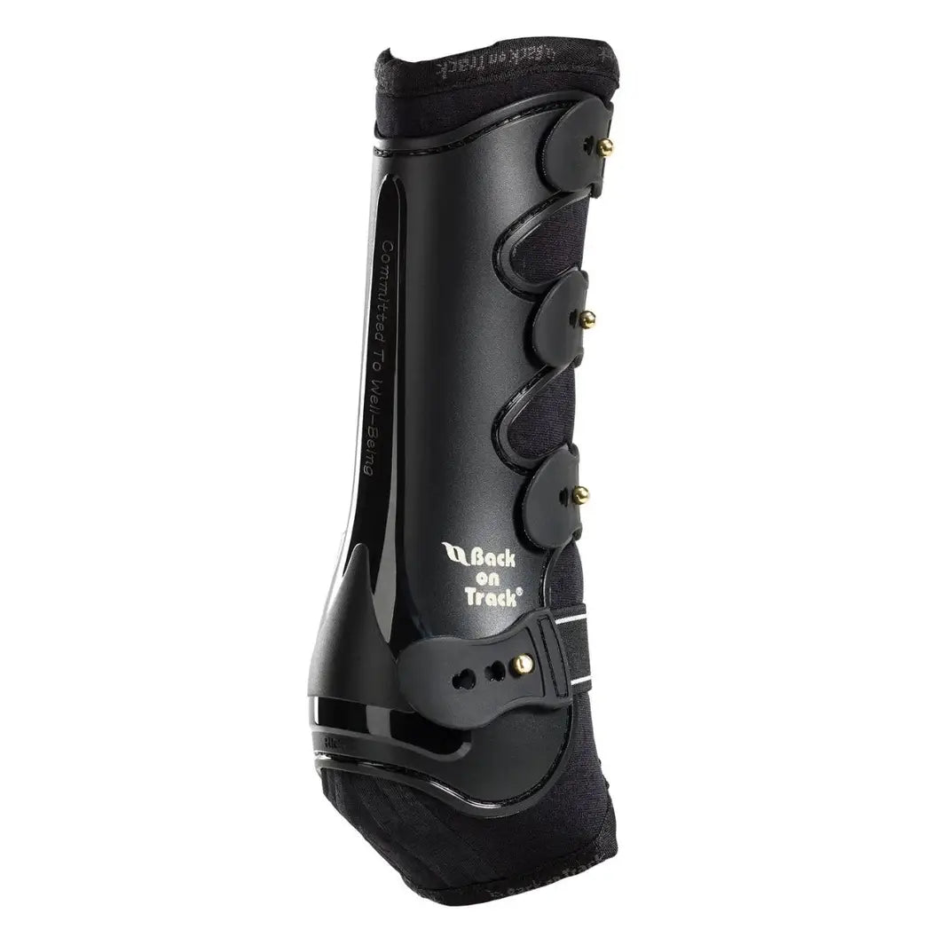 Close-up of black Royal Dressage Front Boot by Back On Track, showcasing its durable and therapeutic construction.