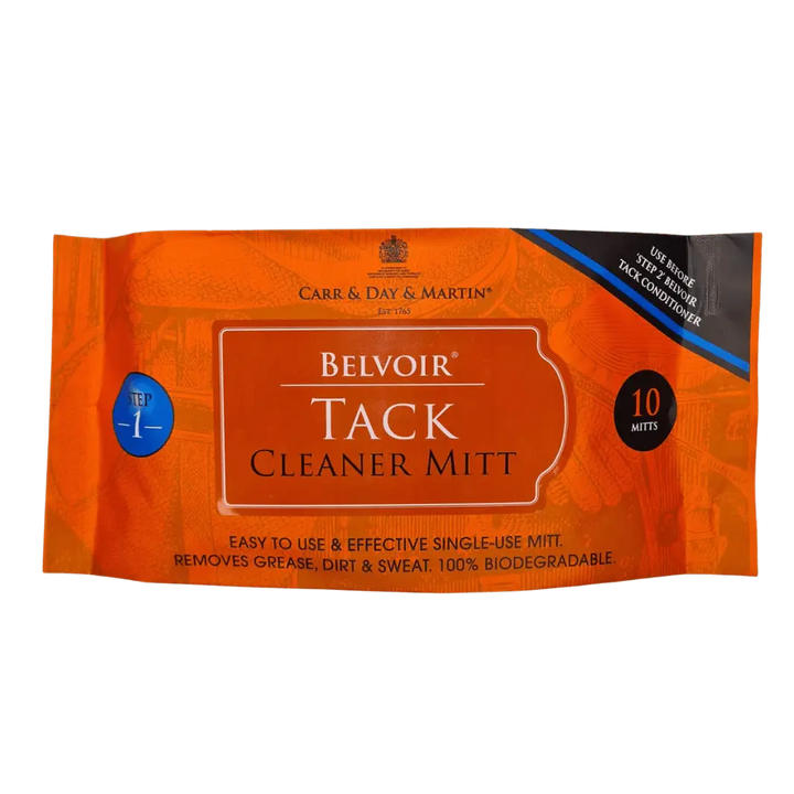 Belvoir Tack Cleaning Mitt packaging with orange design, featuring product details and biodegradable label for equestrian leather care.