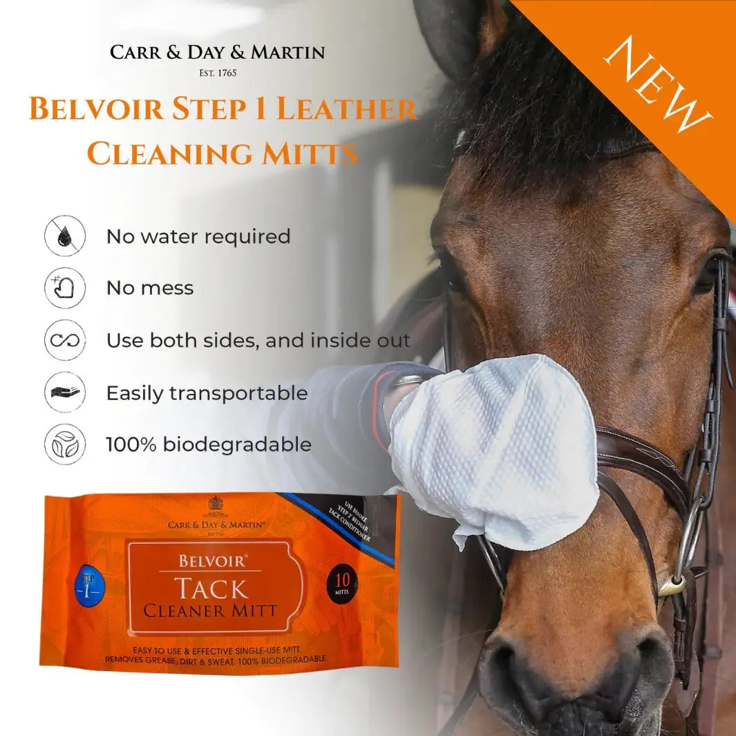 Belvoir Tack Cleaning Mitt in use on a horse's bridle, highlighting features like no water required, mess-free, and biodegradable design.