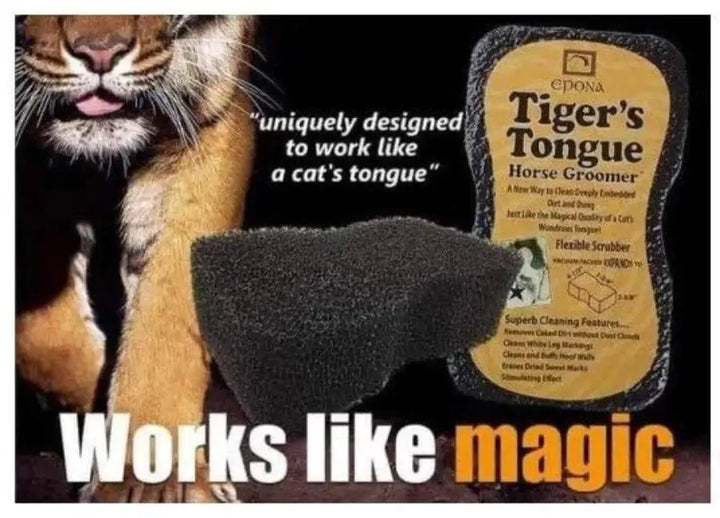 Tiger's Tongue Horse Groomer with a tiger illustration, highlighting its unique design inspired by a cat's tongue for magical cleaning.